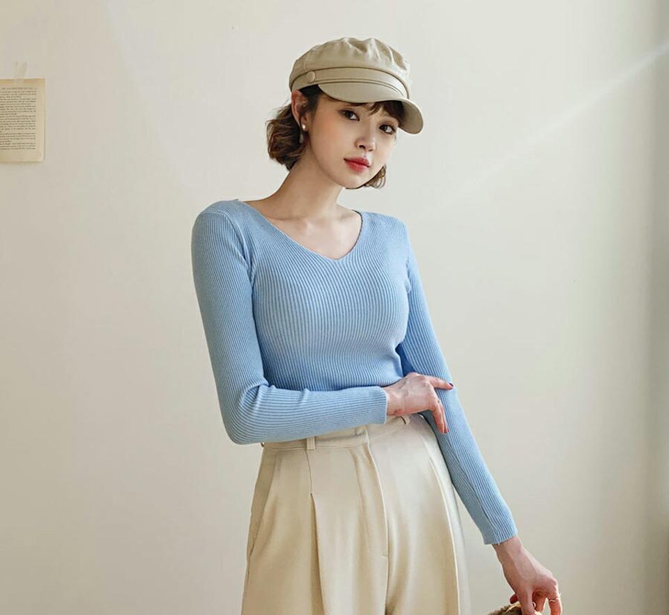 リブスリムVネックニット・全4色・t61350 レディース 【tops】【韓国 ファッション トップス ニット 長袖 無地 リブ スリム Vネック デコルテ 細身 フィット ベーシック 大人 デイリー カジュアル 秋 冬】