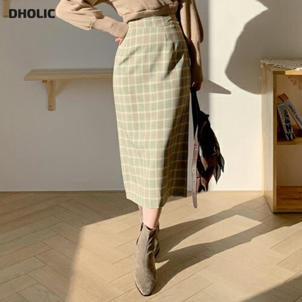 チェックHラインスカート・全3色・b61369 レディース 【sk】【韓国 ファッション ボトムス スカート Hライン スリム 細身 デイリー チェック バックゴム ロング スリット パターン ハイウエスト カジュアル 秋 冬】