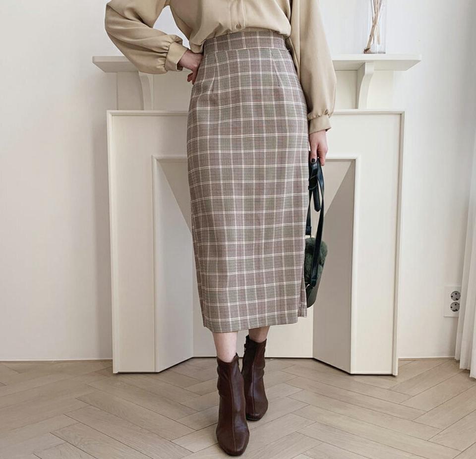 チェックHラインスカート・全3色・b61369 レディース 【sk】【韓国 ファッション ボトムス スカート Hライン スリム 細身 デイリー チェック バックゴム ロング スリット パターン ハイウエスト カジュアル 秋 冬】