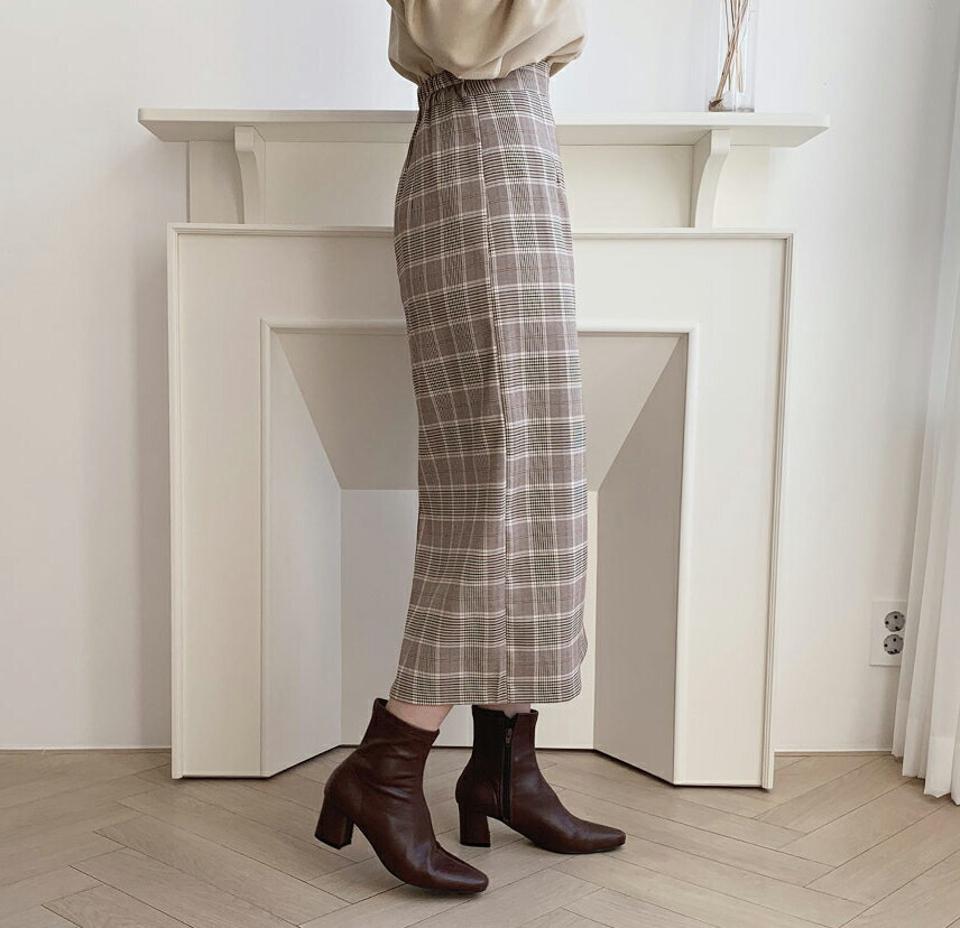 チェックHラインスカート・全3色・b61369 レディース 【sk】【韓国 ファッション ボトムス スカート Hライン スリム 細身 デイリー チェック バックゴム ロング スリット パターン ハイウエスト カジュアル 秋 冬】