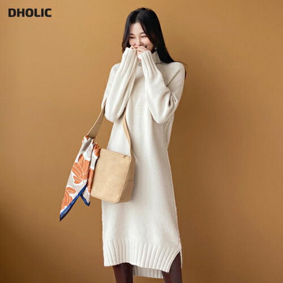 スリットタートルワンピース・全3色・t61363 レディース 【ops】【韓国 ファッション ワンピース ロング ニットワンピース タートルネック ハイネック ルーズ ゆったり アンバランス丈 ラグランスリーブ リブ サイドツイスト カジュアル 秋 冬】