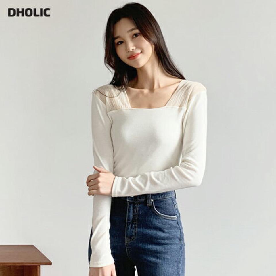 シアーショルダースクエアTシャツ・全2色・t61358 レディース 【tops】【韓国 ファッション トップス Tシャツ 長袖 スリム 細身 無地 シンプル デイリー 大人 ベーシック シアー ショルダー スクエアネック デコルテ シースルー カジュアル 秋 冬】