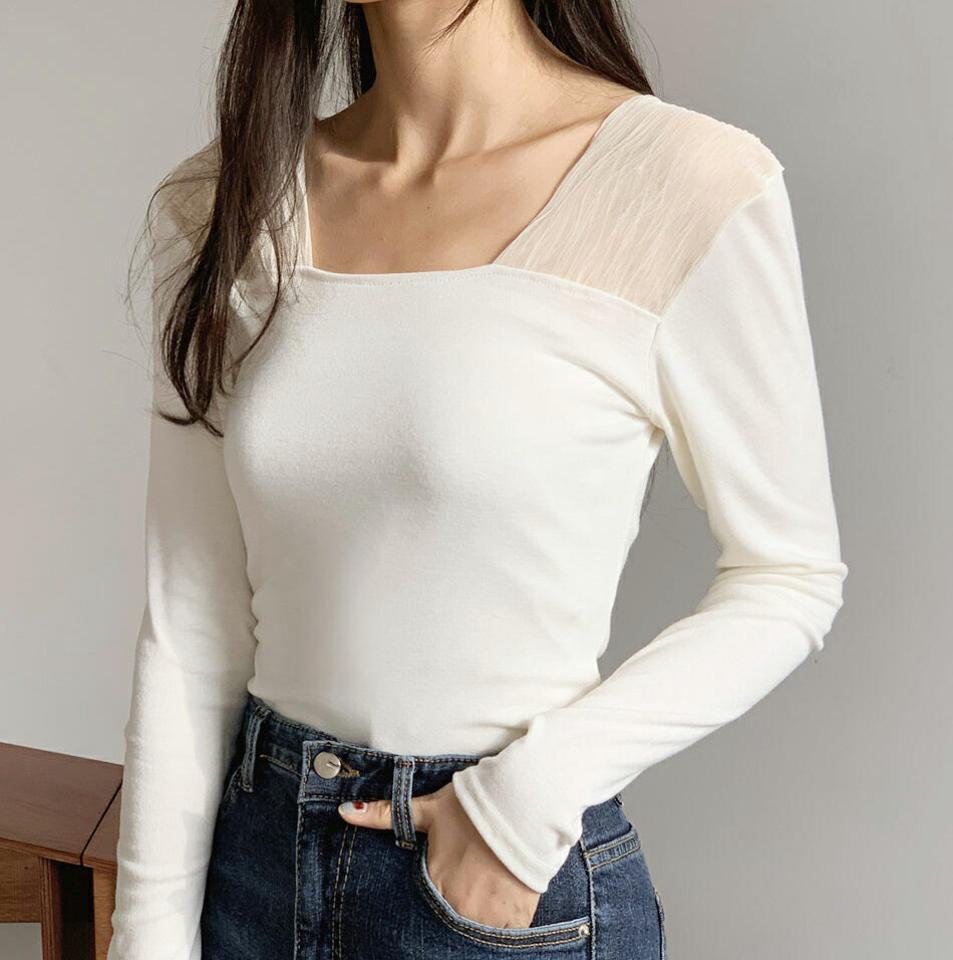 シアーショルダースクエアTシャツ・全2色・t61358 レディース 【tops】【韓国 ファッション トップス Tシャツ 長袖 スリム 細身 無地 シンプル デイリー 大人 ベーシック シアー ショルダー スクエアネック デコルテ シースルー カジュアル 秋 冬】