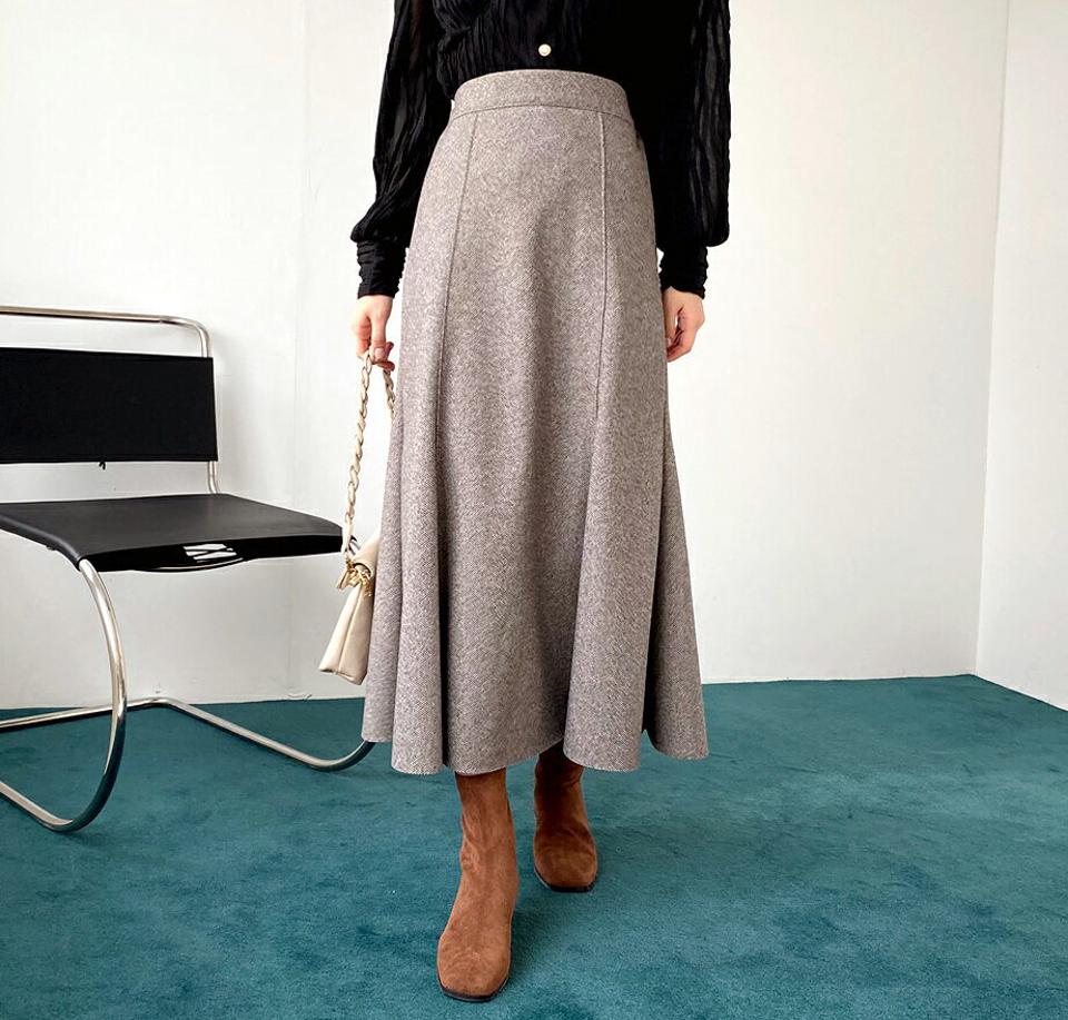 ヘリンボーンスカート・全2色・t66100 レディース 【sk】【スカート ロングスカート ロング ヘリンボーン シック シンプル 大人 Aライン ピンタック スリット 秋 冬 韓国 ファッション】【ハイホリHIHOLLI】