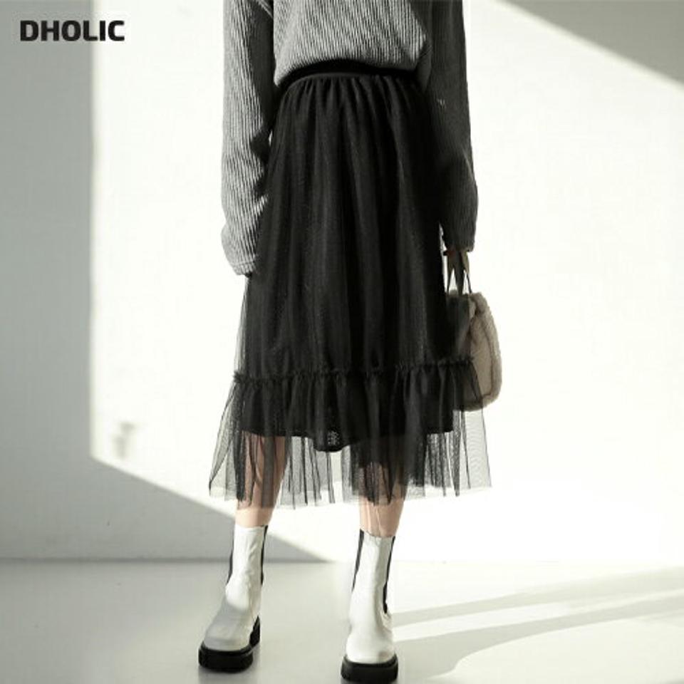 チュールレーススカート・全2色・b65997 レディース 【sk】【スカート チュールスカート チュール 透け感 シフォン シアー シースルー レース ウエストゴム かわいい 可愛い 体型カバー 秋 冬 韓国 ファッション】【ハイホリHIHOLLI】