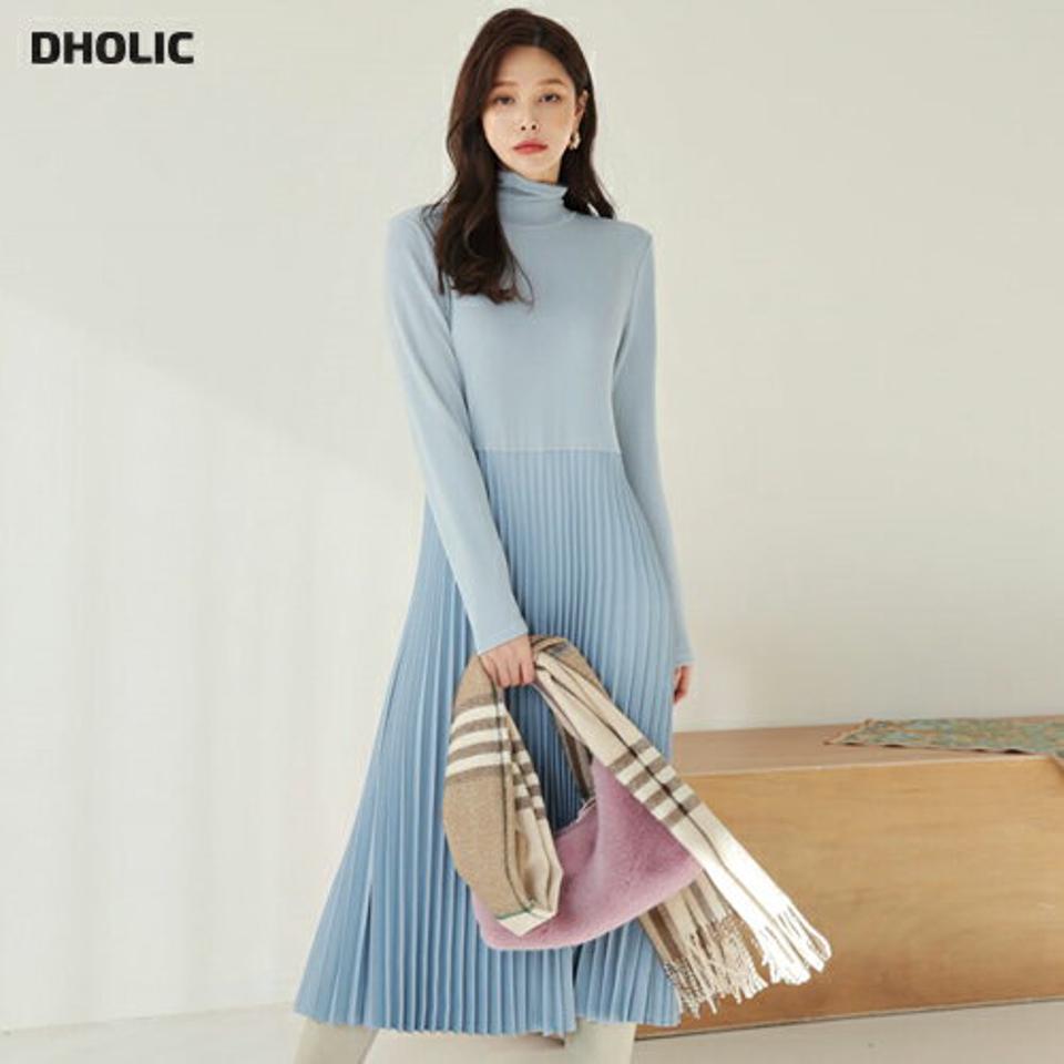 ハイネックプリーツワンピース・全4色・t65987 レディース 【ops】【ワンピース ロング ロングワンピース プリーツ プリーツワンピース ハイネック 長袖 単色 無地 シンプル きれいめ 上品 水色 秋 冬 韓国 ファッション】【ハイホリHIHOLLI】