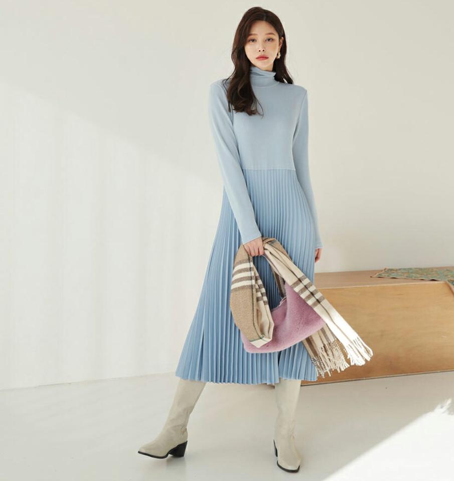 ハイネックプリーツワンピース・全4色・t65987 レディース 【ops】【ワンピース ロング ロングワンピース プリーツ プリーツワンピース ハイネック 長袖 単色 無地 シンプル きれいめ 上品 水色 秋 冬 韓国 ファッション】【ハイホリHIHOLLI】