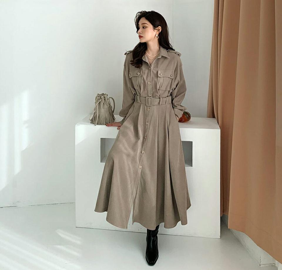 【送料無料】ベルト付ボタンワンピース・全2色・t66098 レディース 【ops】【ワンピース ロング ロングワンピース 長袖 ベルト 単色 無地 シンプル 大人 カジュアル 秋 冬 韓国 ファッション】【ハイホリHIHOLLI】