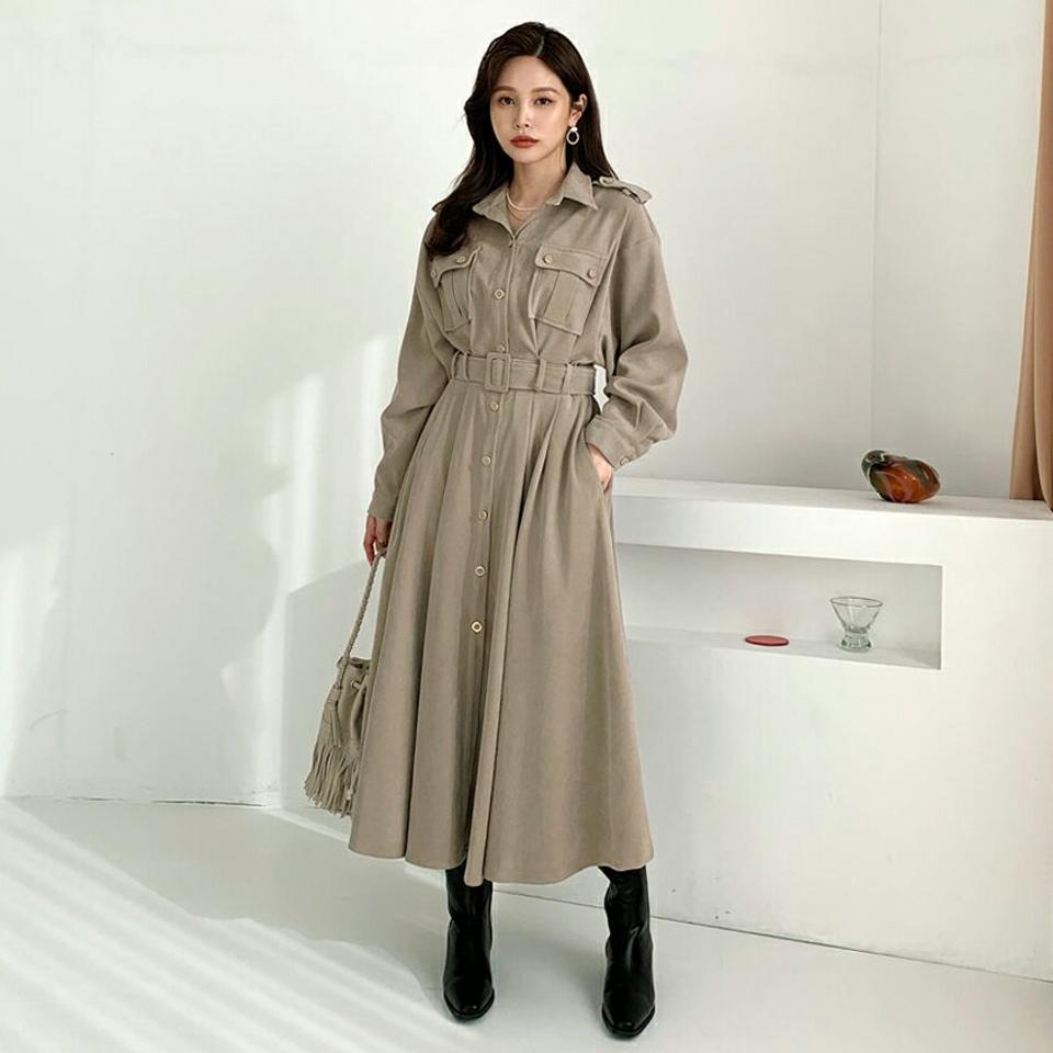 【送料無料】ベルト付ボタンワンピース・全2色・t66098 レディース 【ops】【ワンピース ロング ロングワンピース 長袖 ベルト 単色 無地 シンプル 大人 カジュアル 秋 冬 韓国 ファッション】【ハイホリHIHOLLI】