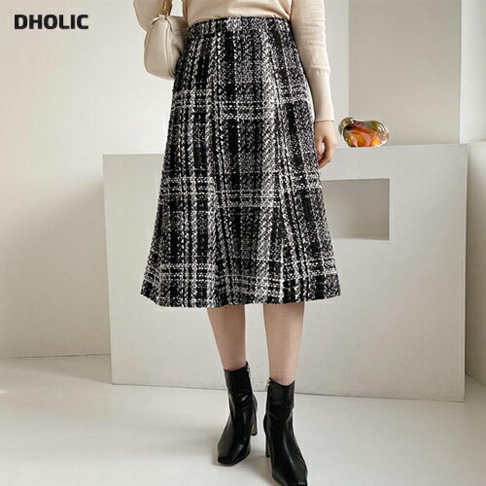【只今10%OFF】ツイードチェックスカート・全2色・b65996 レディース 【sk】【スカート ミディ丈 ミディスカート チェック柄 ツイード 大人 上品 高級感 ウエストゴム Aライン きれいめ デート 秋 冬 韓国 ファッション】【ハイホリHIHOLLI】【TW】