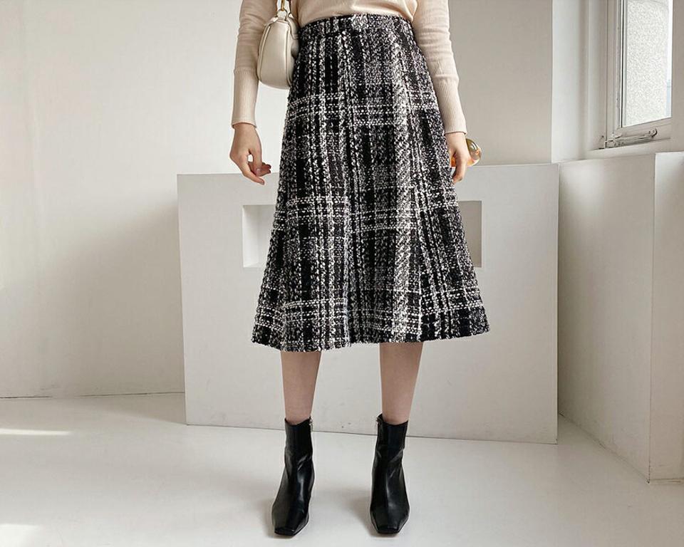 【只今10%OFF】ツイードチェックスカート・全2色・b65996 レディース 【sk】【スカート ミディ丈 ミディスカート チェック柄 ツイード 大人 上品 高級感 ウエストゴム Aライン きれいめ デート 秋 冬 韓国 ファッション】【ハイホリHIHOLLI】【TW】