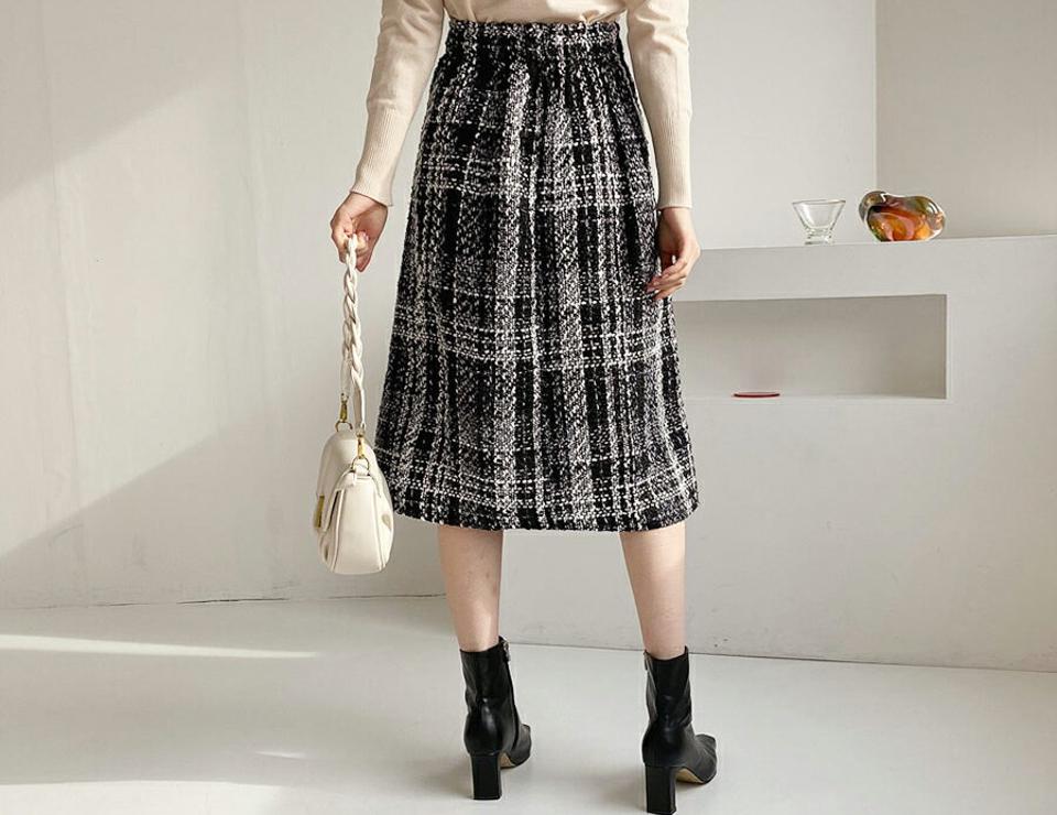 【只今10%OFF】ツイードチェックスカート・全2色・b65996 レディース 【sk】【スカート ミディ丈 ミディスカート チェック柄 ツイード 大人 上品 高級感 ウエストゴム Aライン きれいめ デート 秋 冬 韓国 ファッション】【ハイホリHIHOLLI】【TW】