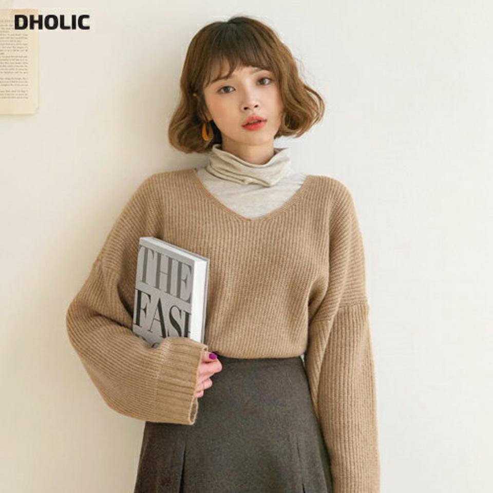 ルーズVネックニット・全3色・t61347 レディース 【tops】【韓国 ファッション トップス ニット 長袖 ハイゲージ ロングスリーブ ルーズ ゆったり Vネック ドロップショルダー クロップド ぼわん袖 ストライプ ライン 細身 カジュアル 秋 冬】