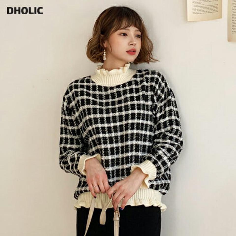 ツイードコントラストスウェット・全2色・t61357 レディース 【tops】【韓国 ファッション トップス スウェット Tシャツ 長袖 カットソー ツイード コントラスト ハーフネック ハイネック フリルネック リブ チェック柄 パターン カジュアル 秋 冬】