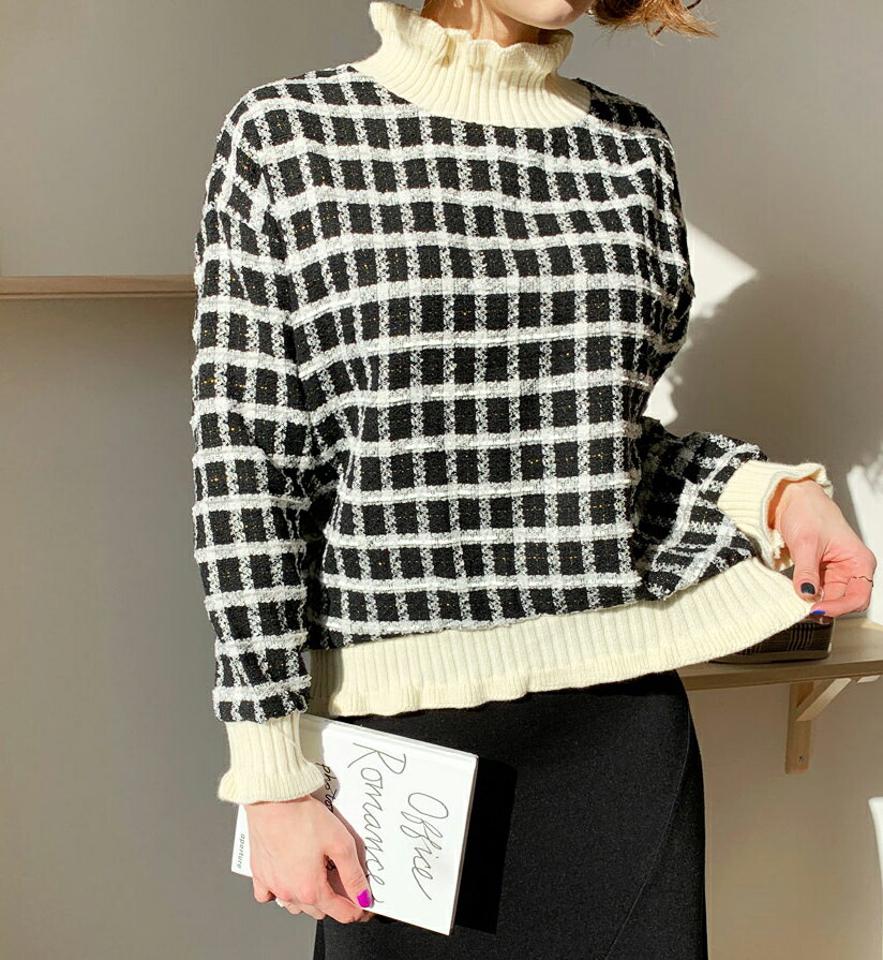 ツイードコントラストスウェット・全2色・t61357 レディース 【tops】【韓国 ファッション トップス スウェット Tシャツ 長袖 カットソー ツイード コントラスト ハーフネック ハイネック フリルネック リブ チェック柄 パターン カジュアル 秋 冬】