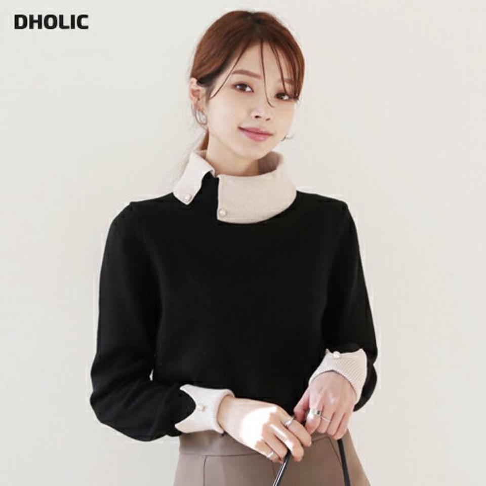 パール配色カラーニット・全3色・b66019 レディース 【tops】【トップス ニット ニットトップス 長袖 パールボタン フェミニン 配色 モダン ハーフネック 上品 大人 ウール ベルベット 秋 冬 韓国 ファッション】【ハイホリHIHOLLI】
