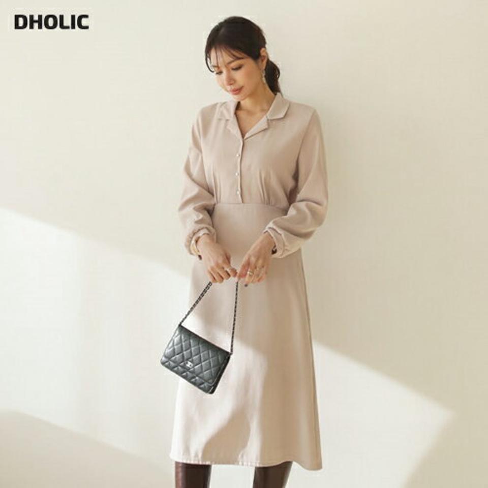 パールVネックワンピース・全4色・t66029 レディース 【ops】【ワンピース ミディ丈 ミディワンピース 長袖 Vネック パールボタン 単色 無地 シンプル 開襟 スキッパー 大人 上品 Aライン 秋 冬 韓国 ファッション】【ハイホリHIHOLLI】