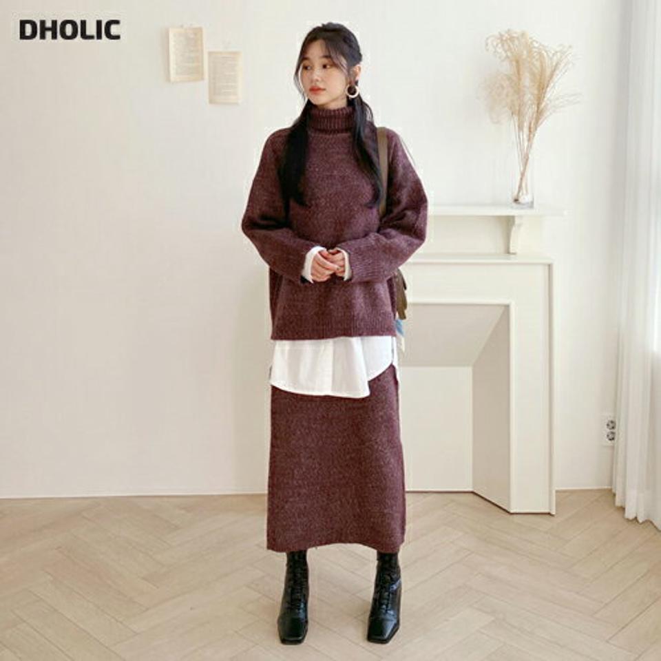 メランジタートルニット&スカートSET・全3色・b61366 レディース 【ops】【韓国 ファッション セットアップ ニット タートルネック ハイネック 長袖 ロング スカート Hライン ドロップショルダー リブ ウエストゴム デイリー カジュアル 秋 冬】