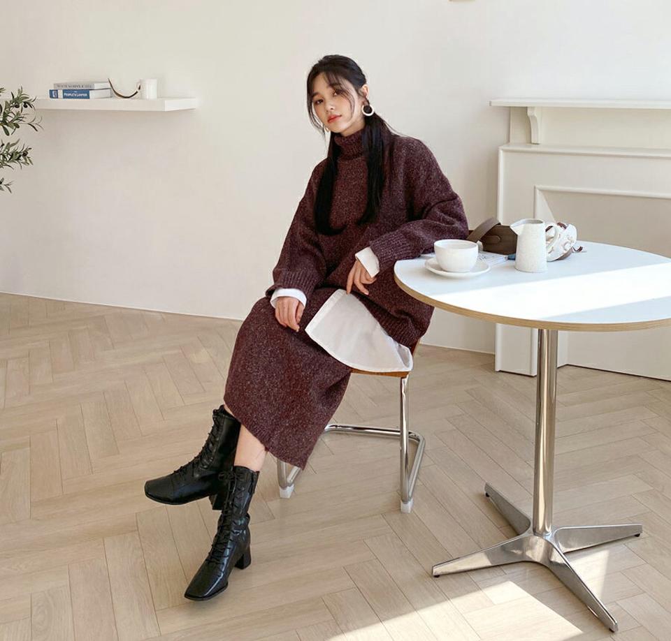 メランジタートルニット&スカートSET・全3色・b61366 レディース 【ops】【韓国 ファッション セットアップ ニット タートルネック ハイネック 長袖 ロング スカート Hライン ドロップショルダー リブ ウエストゴム デイリー カジュアル 秋 冬】