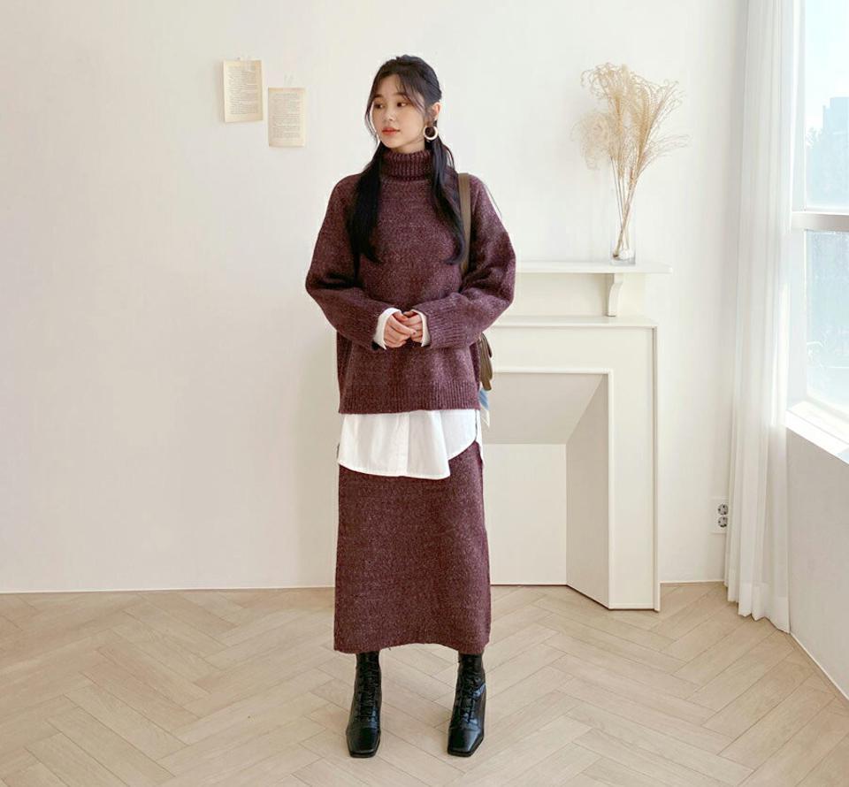 メランジタートルニット&スカートSET・全3色・b61366 レディース 【ops】【韓国 ファッション セットアップ ニット タートルネック ハイネック 長袖 ロング スカート Hライン ドロップショルダー リブ ウエストゴム デイリー カジュアル 秋 冬】
