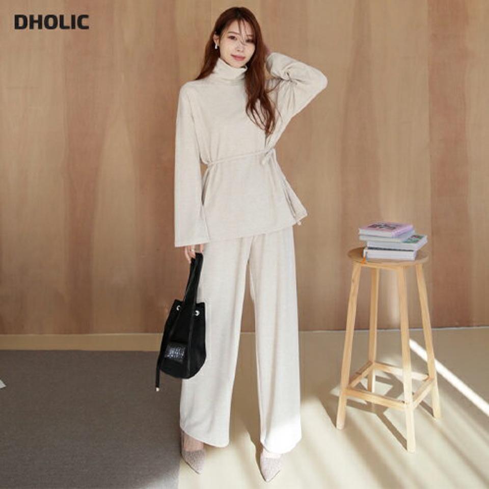 ストラップ付裏起毛リブTシャツ&パンツSET・全3色・t66031 レディース 【pt】【セットアップ setup トップス 長袖 ストラップ 裏起毛 パンツ ズボン ロングパンツ 単色 無地 ハイネック カジュアル 秋 冬 韓国 ファッション】【ハイホリHIHOLLI】