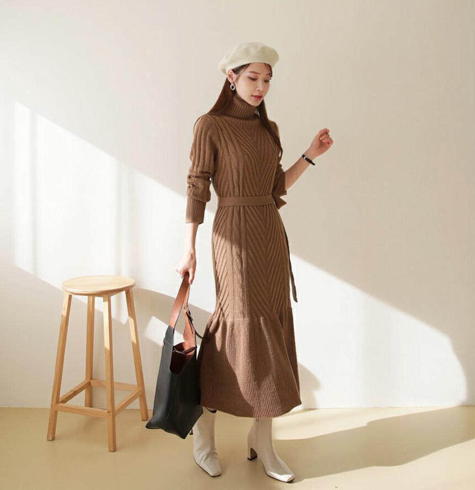 ストラップ付タートルニットワンピース・全3色・t66030 レディース 【ops】【ワンピース ロング ロングワンピース ニット ニットワンピース 長袖 タートルネック タートル カジュアル 秋 冬 韓国 ファッション】【ハイホリHIHOLLI】