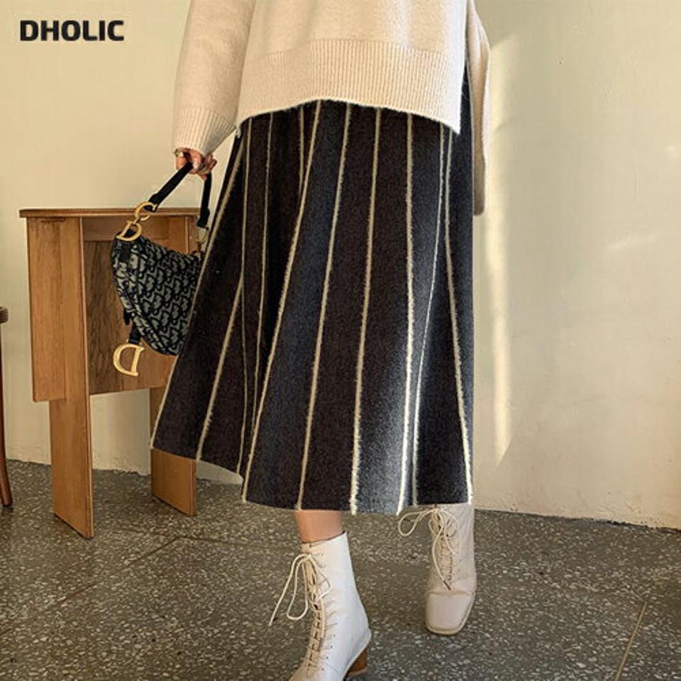 ファータッチストライプスカート・全2色・b66039 レディース 【sk】【スカート ミディ丈 ミディスカート ストライプ柄 ニット ニットスカート ウエストゴム カジュアル 大人 秋 冬 韓国 ファッション】【ハイホリHIHOLLI】