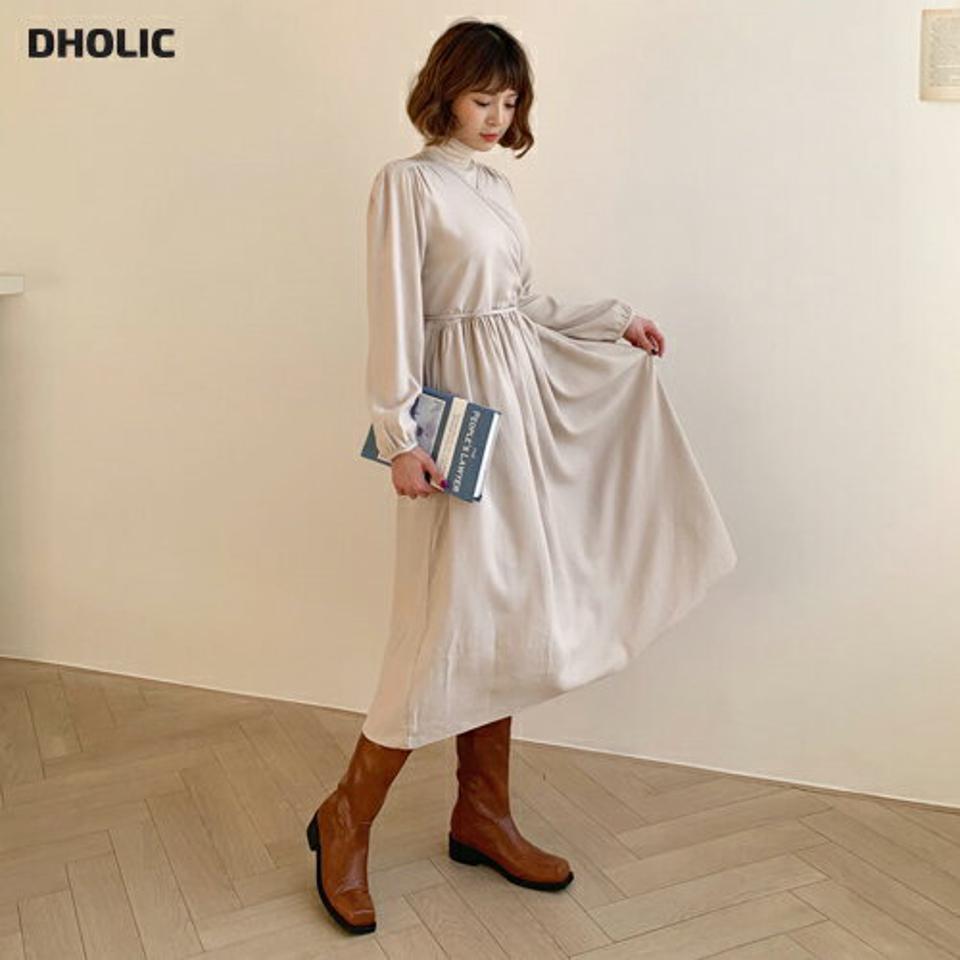 ラップワンピース・全4色・t61365 レディース 【ops】【韓国 ファッション ワンピース ロング ロングワンピース フレア Aライン ラップワンピース ファスナー ラウンドネック Vネック ギャザー ルーズ 体型カバー カジュアル 秋 冬】