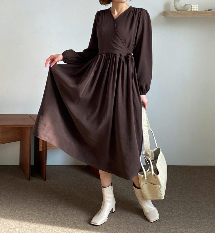 ラップワンピース・全4色・t61365 レディース 【ops】【韓国 ファッション ワンピース ロング ロングワンピース フレア Aライン ラップワンピース ファスナー ラウンドネック Vネック ギャザー ルーズ 体型カバー カジュアル 秋 冬】