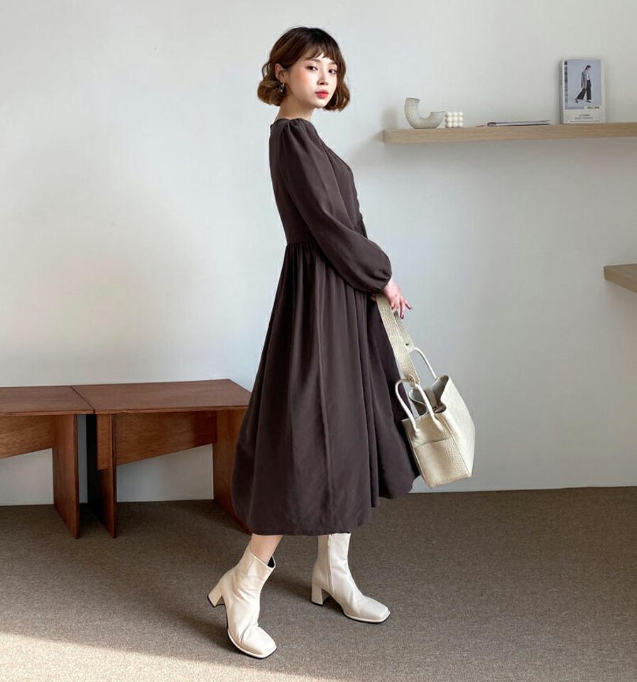 ラップワンピース・全4色・t61365 レディース 【ops】【韓国 ファッション ワンピース ロング ロングワンピース フレア Aライン ラップワンピース ファスナー ラウンドネック Vネック ギャザー ルーズ 体型カバー カジュアル 秋 冬】