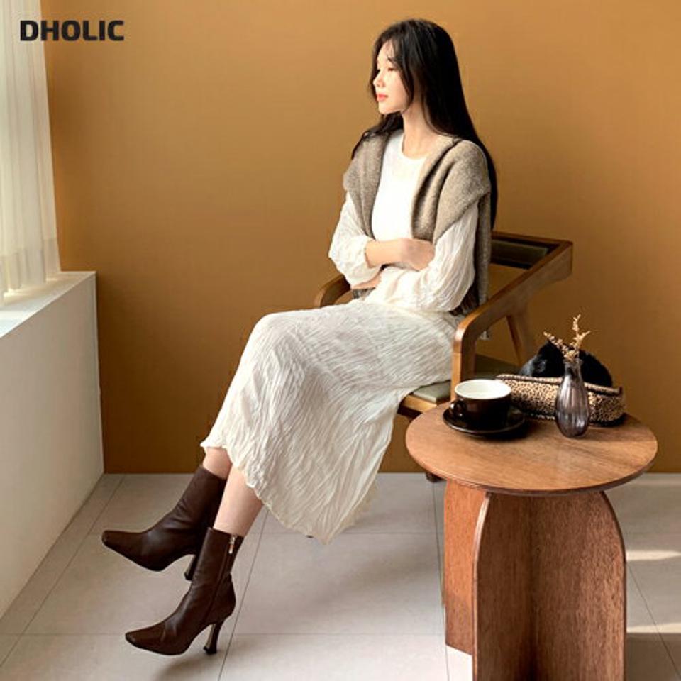 リンクルロングワンピース・全3色・t61364 レディース 【ops】【韓国 ファッション ワンピース ロング ロングワンピース 体型カバー レイヤード リンクル バックファスナー ラウンドネック Aライン フレア 大人 フェミニン カジュアル 秋 冬】