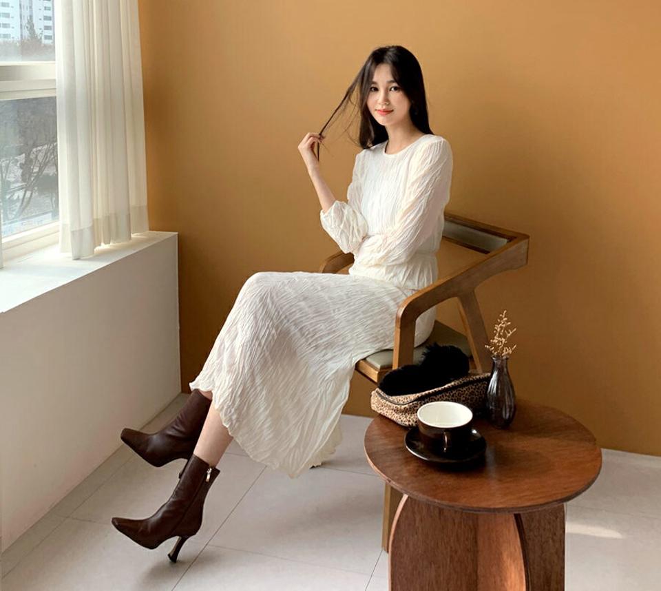 リンクルロングワンピース・全3色・t61364 レディース 【ops】【韓国 ファッション ワンピース ロング ロングワンピース 体型カバー レイヤード リンクル バックファスナー ラウンドネック Aライン フレア 大人 フェミニン カジュアル 秋 冬】