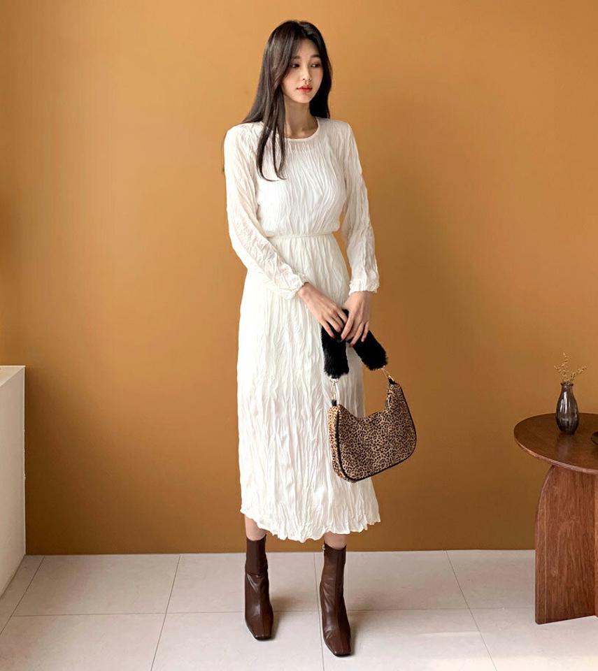 リンクルロングワンピース・全3色・t61364 レディース 【ops】【韓国 ファッション ワンピース ロング ロングワンピース 体型カバー レイヤード リンクル バックファスナー ラウンドネック Aライン フレア 大人 フェミニン カジュアル 秋 冬】