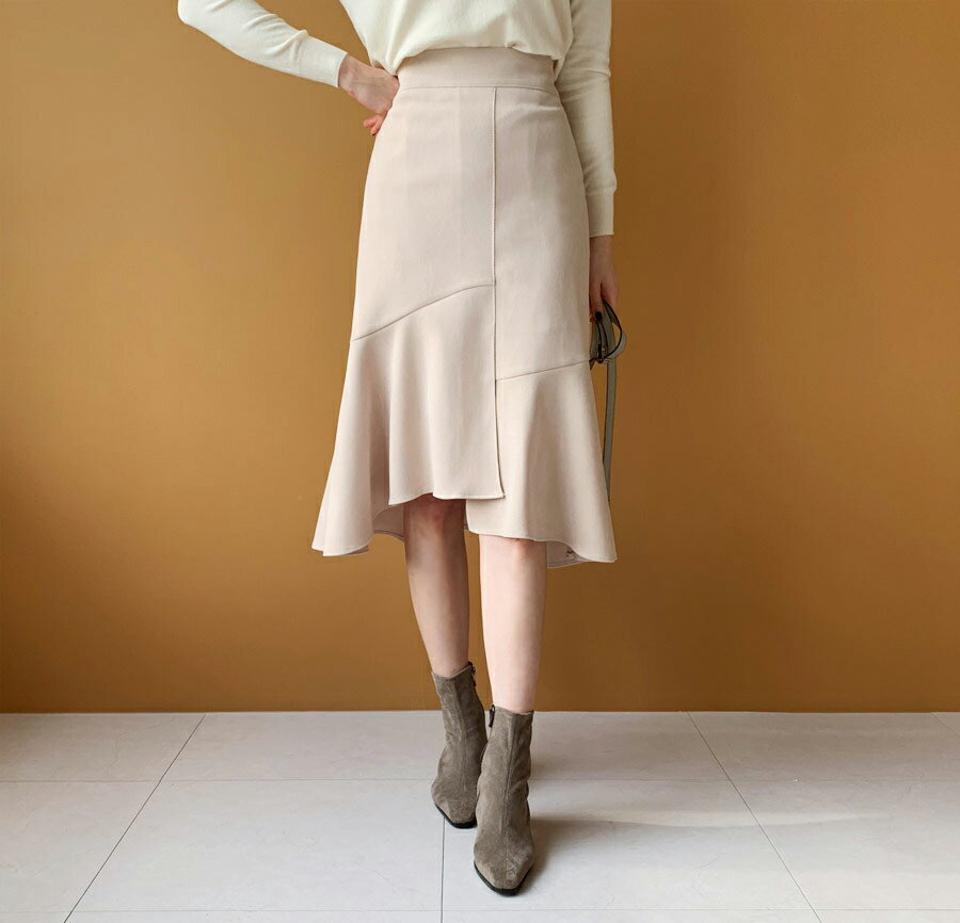 フレアアンバランススカート・全5色・b61371 レディース 【sk】【韓国 ファッション ボトムス スカート ロング ロングスカート ミディ フレア Aライン アンバランス バックゴム サイドジップ フレアヘム スリット入り カジュアル 秋 冬】