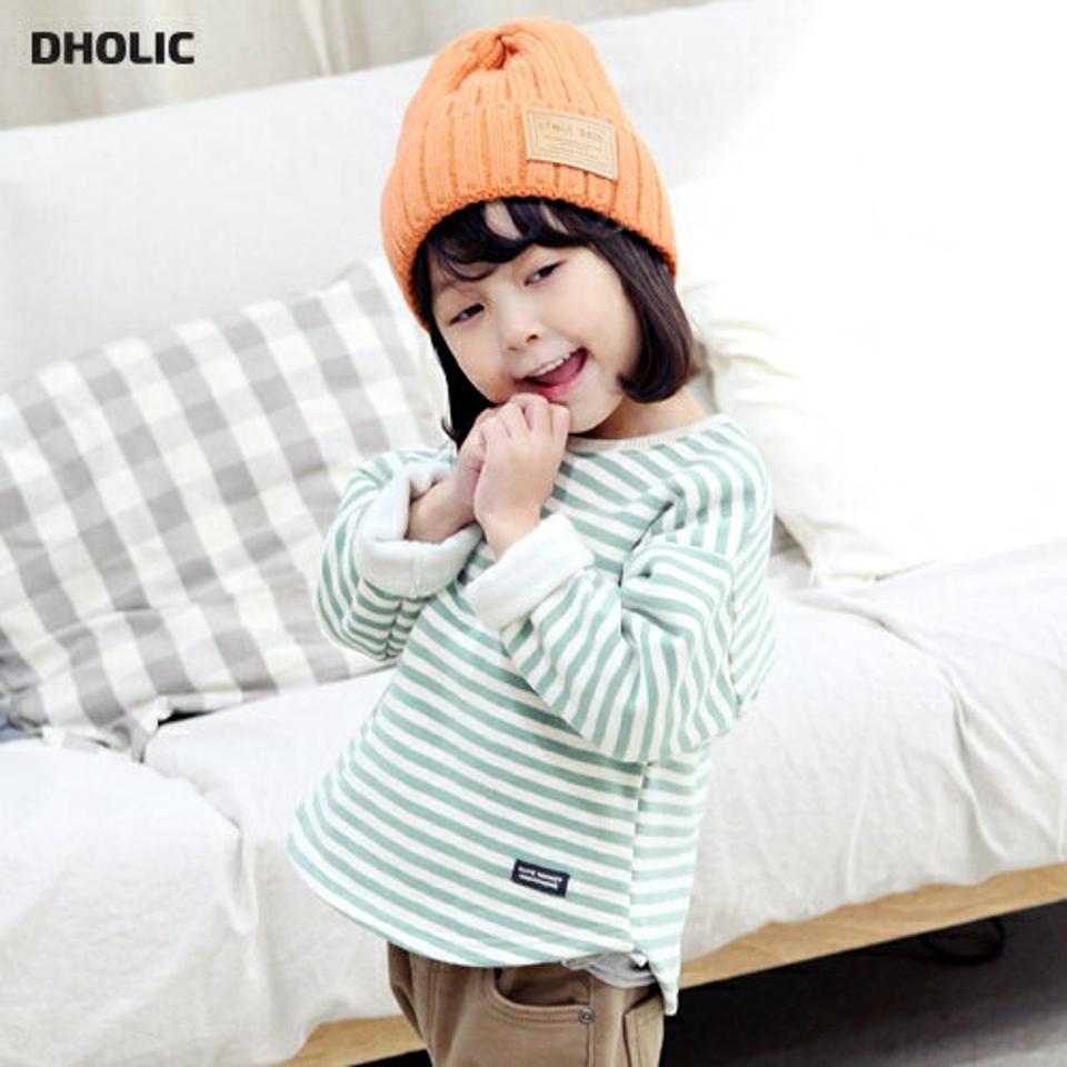裏起毛ボーダーTシャツ・p010769 キッズ 【3~8才】【tops】【韓国 ファッション トップス Tシャツ カットソー 長袖 ゆったり ルーズ デイリー パターン 柄 パステルカラー 女の子 男の子 キッズ 子供 子供服 幼稚園 通学 通園 低学年 秋 冬】【KIDS】