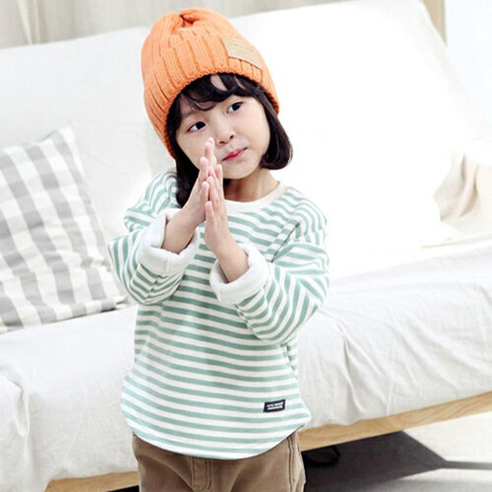 裏起毛ボーダーTシャツ・p010769 キッズ 【3~8才】【tops】【韓国 ファッション トップス Tシャツ カットソー 長袖 ゆったり ルーズ デイリー パターン 柄 パステルカラー 女の子 男の子 キッズ 子供 子供服 幼稚園 通学 通園 低学年 秋 冬】【KIDS】