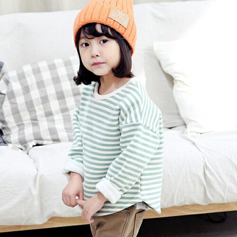 裏起毛ボーダーTシャツ・p010769 キッズ 【3~8才】【tops】【韓国 ファッション トップス Tシャツ カットソー 長袖 ゆったり ルーズ デイリー パターン 柄 パステルカラー 女の子 男の子 キッズ 子供 子供服 幼稚園 通学 通園 低学年 秋 冬】【KIDS】