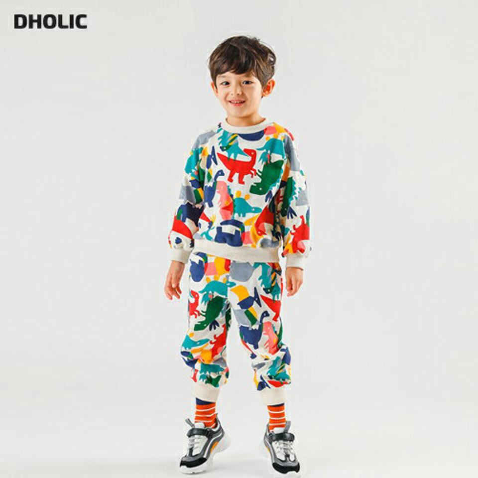 カラフルダイナソースウェット&パンツSET・p006995 キッズ【3~8才】【set】【セット セットアップ setup トップス スウェット トレーナー パンツ 長ズボン ズボン カラフル 恐竜 女の子 男の子 韓国 韓国子供服 子供 こども 子供服 こども服】【KIDS】