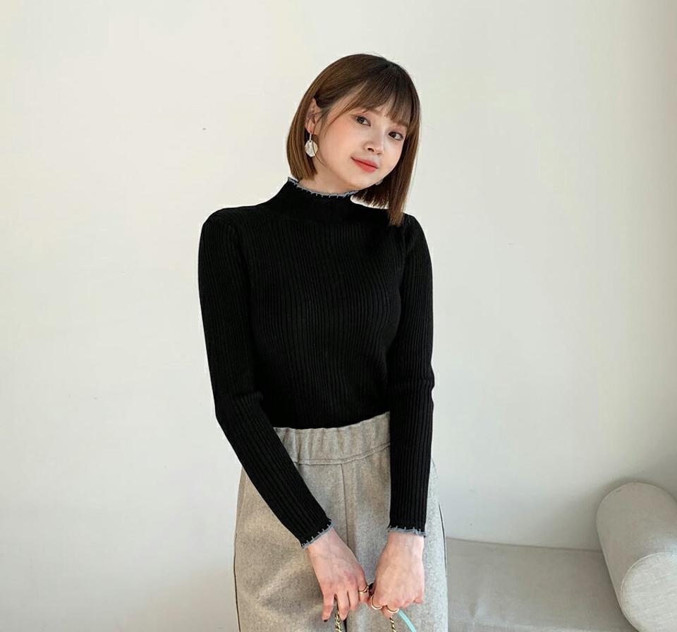 スカラップハーフネックニット・全2色・b62301 レディース 【tops】【韓国 ファッション トップス ニット ハーフネック ハイネック スカラップ リブニット 細身 長袖 体型カバー タイト シンプル デイリー 無地 カジュアル 秋 冬】