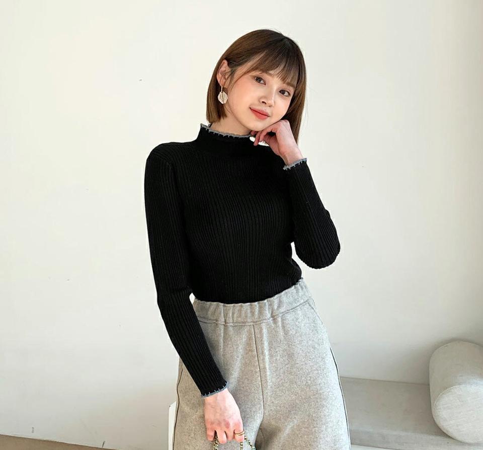 スカラップハーフネックニット・全2色・b62301 レディース 【tops】【韓国 ファッション トップス ニット ハーフネック ハイネック スカラップ リブニット 細身 長袖 体型カバー タイト シンプル デイリー 無地 カジュアル 秋 冬】