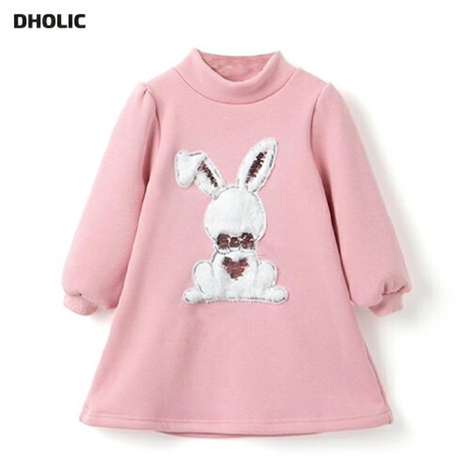 裏起毛ホワイトうさぎワンピース・p010706 キッズ 【3~8才】【ops】【韓国 ファッション ワンピース ミディ ミディアム ミドル 膝丈 ハーフネック 長袖 Aライン Tシャツ スウェット パッチ キッズ 子供 子供服 幼稚園 通学 通園 低学年 秋 冬】【KIDS】