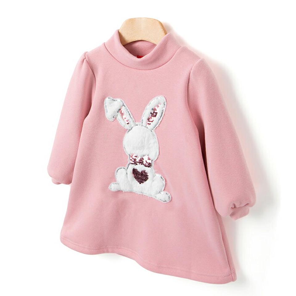 裏起毛ホワイトうさぎワンピース・p010706 キッズ 【3~8才】【ops】【韓国 ファッション ワンピース ミディ ミディアム ミドル 膝丈 ハーフネック 長袖 Aライン Tシャツ スウェット パッチ キッズ 子供 子供服 幼稚園 通学 通園 低学年 秋 冬】【KIDS】