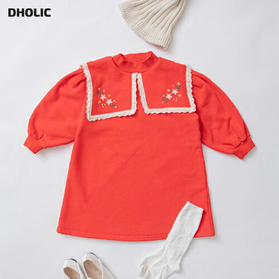 刺繍カラー裏起毛ワンピース・p010826 キッズ 【3~8才】【ops】【韓国 ファッション ワンピース ミディ ミディアム ミドル 膝丈 モックネック 長袖 Aライン おしゃれ お出かけ 撮影 膝上 キッズ 子供 子供服 幼稚園 通学 通園 低学年 秋 冬】【KIDS】