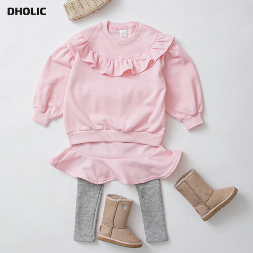 裏起毛フリルワンピース&レギンスSET・p010832 キッズ 【3~8才】【ops】【韓国 ファッション セット ワンピース ミディ ミディアム 膝丈 長袖 Tシャツ カットソー レギンス ロング 女の子 キッズ 子供 子供服 幼稚園 通学 通園 低学年 秋 冬】【KIDS】