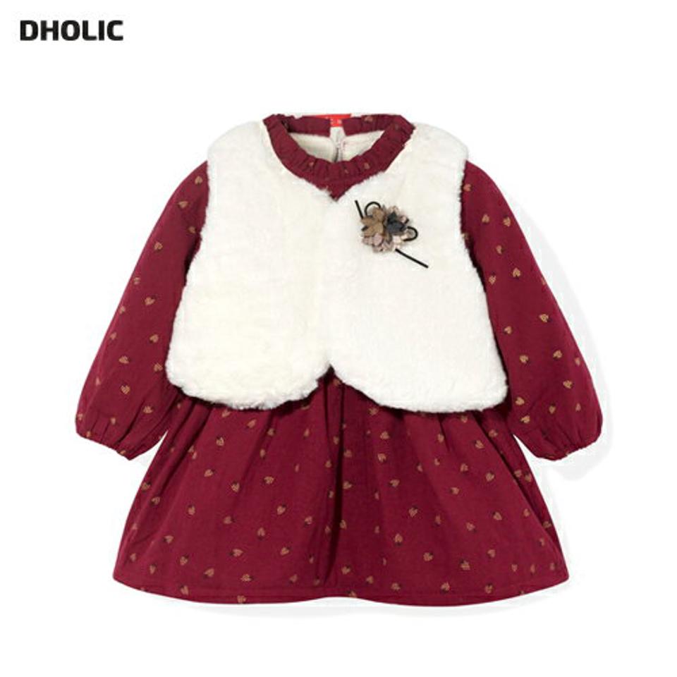 ファーベスト付裏起毛ワンピース・p010707 キッズ 【3~8才】【ops】【韓国 ファッション ワンピース ミディ ミディアム ミドル 膝丈 ハーフネック 長袖 Aライン おしゃれ お出かけ 撮影 膝上 キッズ 子供服 幼稚園 通学 通園 低学年 秋 冬】【KIDS】