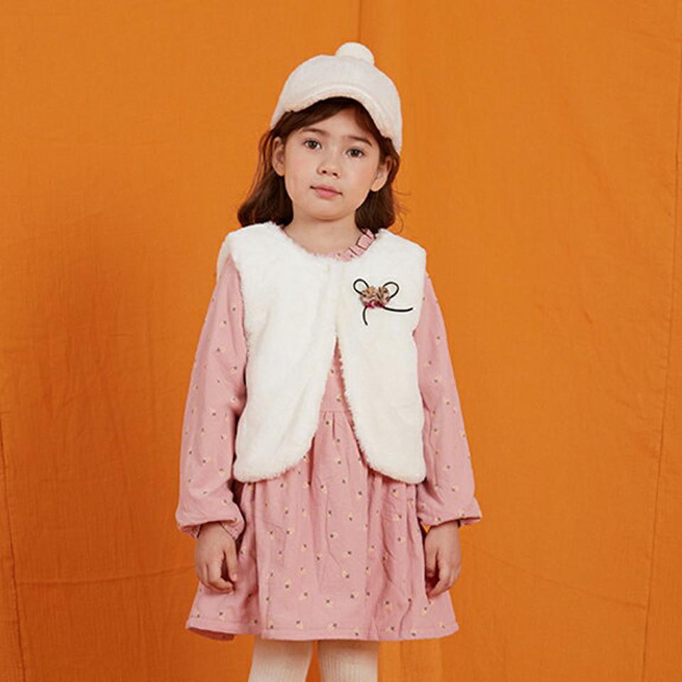 ファーベスト付裏起毛ワンピース・p010707 キッズ 【3~8才】【ops】【韓国 ファッション ワンピース ミディ ミディアム ミドル 膝丈 ハーフネック 長袖 Aライン おしゃれ お出かけ 撮影 膝上 キッズ 子供服 幼稚園 通学 通園 低学年 秋 冬】【KIDS】