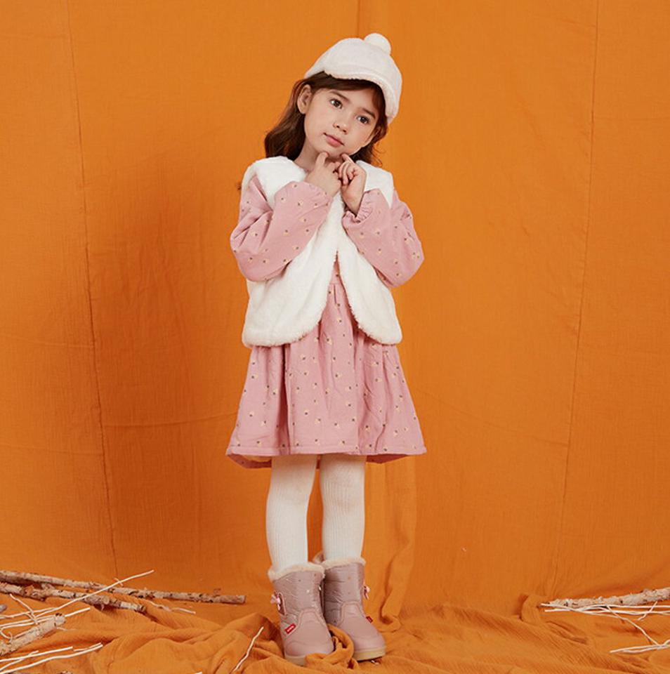 ファーベスト付裏起毛ワンピース・p010707 キッズ 【3~8才】【ops】【韓国 ファッション ワンピース ミディ ミディアム ミドル 膝丈 ハーフネック 長袖 Aライン おしゃれ お出かけ 撮影 膝上 キッズ 子供服 幼稚園 通学 通園 低学年 秋 冬】【KIDS】