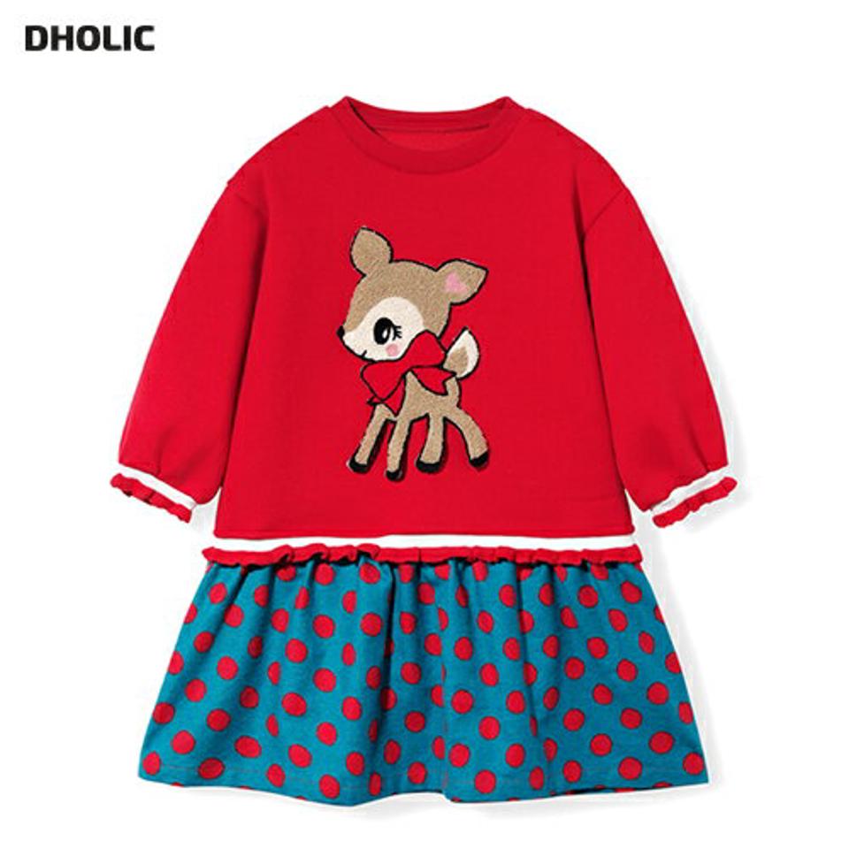 裏起毛ボアプリントワンピース・p010616 キッズ 【3~8才】【ops】【韓国 ファッション ワンピース ミディ ミドル 膝丈 ラウンドネック 長袖 Aライン フレア Tシャツ スウェット パッチ キッズ 子供 子供服 幼稚園 通学 通園 低学年 秋 冬】【KIDS】