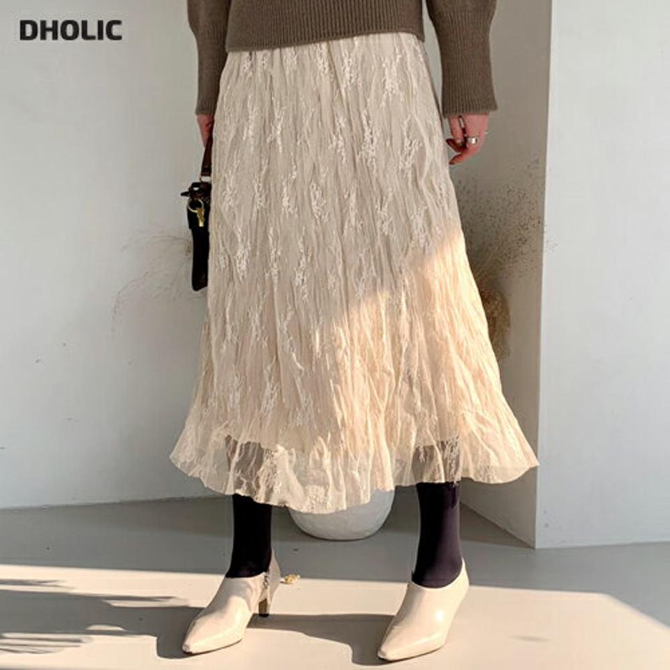 リンクルリバーシブルスカート・全2色・b66174 レディース 【sk】【スカート ロング リバーシブル リンクル レース 総レース フェミニン チュール 可愛い かわいい Hライン ウエストゴム 秋 冬 韓国 ファッション】【ハイホリHIHOLLI】