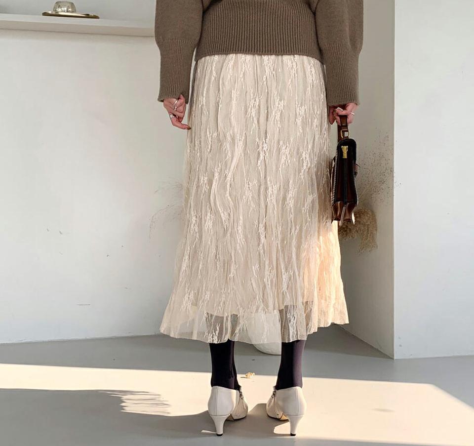 リンクルリバーシブルスカート・全2色・b66174 レディース 【sk】【スカート ロング リバーシブル リンクル レース 総レース フェミニン チュール 可愛い かわいい Hライン ウエストゴム 秋 冬 韓国 ファッション】【ハイホリHIHOLLI】